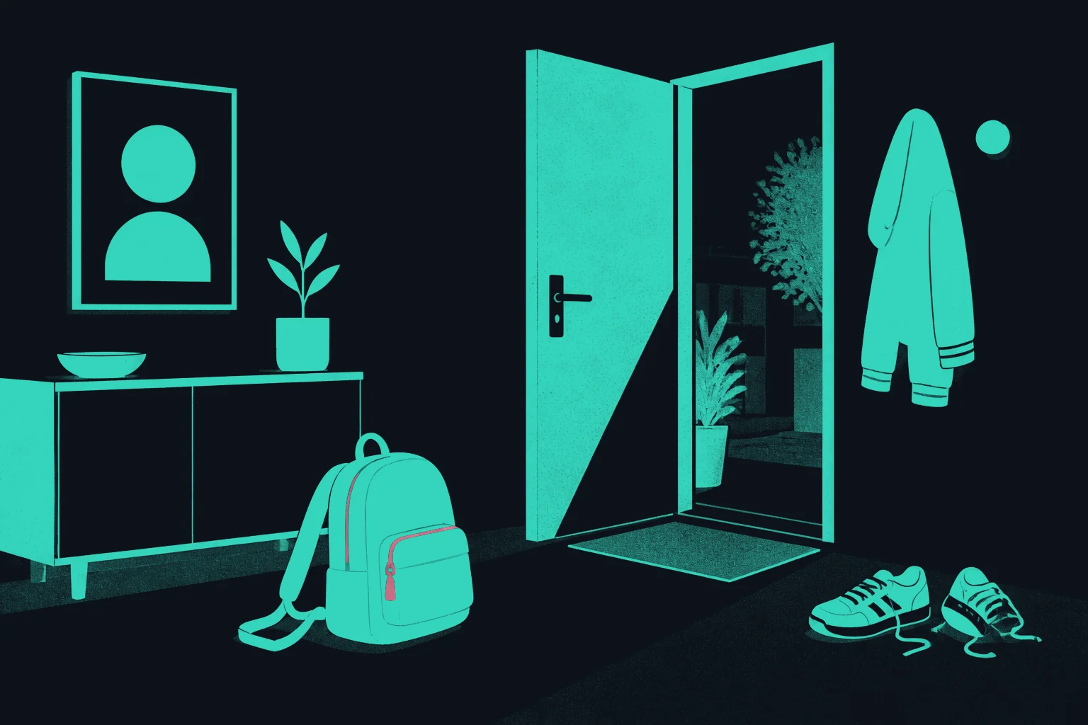 A hallway after school: the backpack sits by the door, a jacket hangs on the hook, sneakers kicked off in front