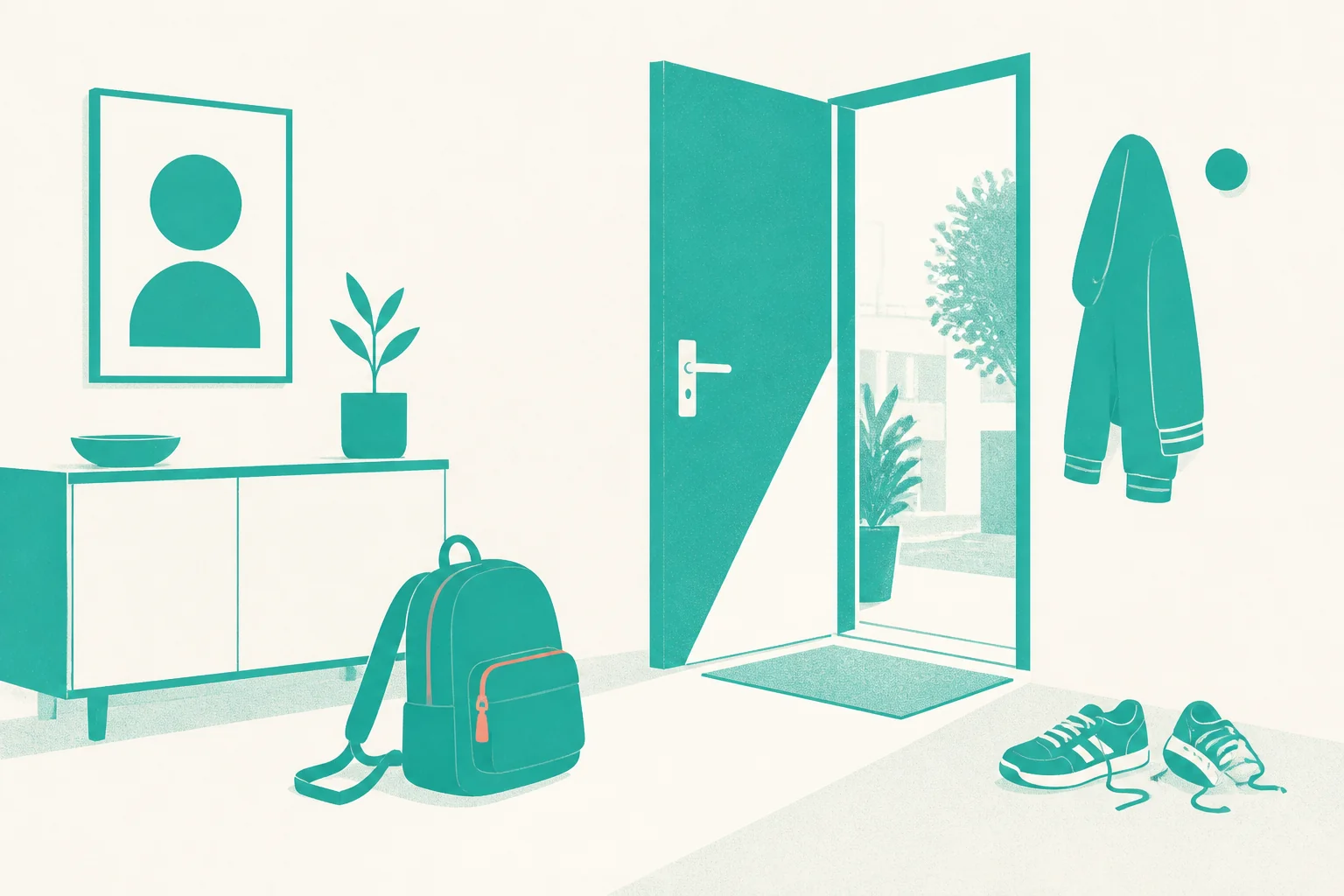 A hallway after school: the backpack sits by the door, a jacket hangs on the hook, sneakers kicked off in front
