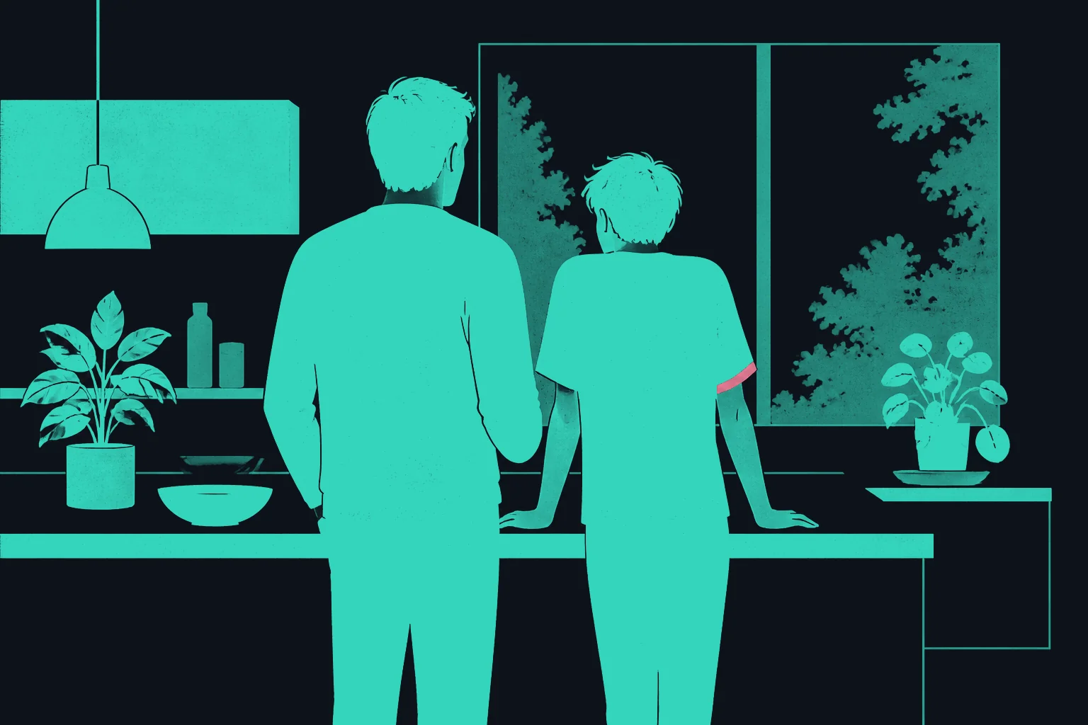 A parent and a teenager stand side by side at the kitchen counter, looking out of the window