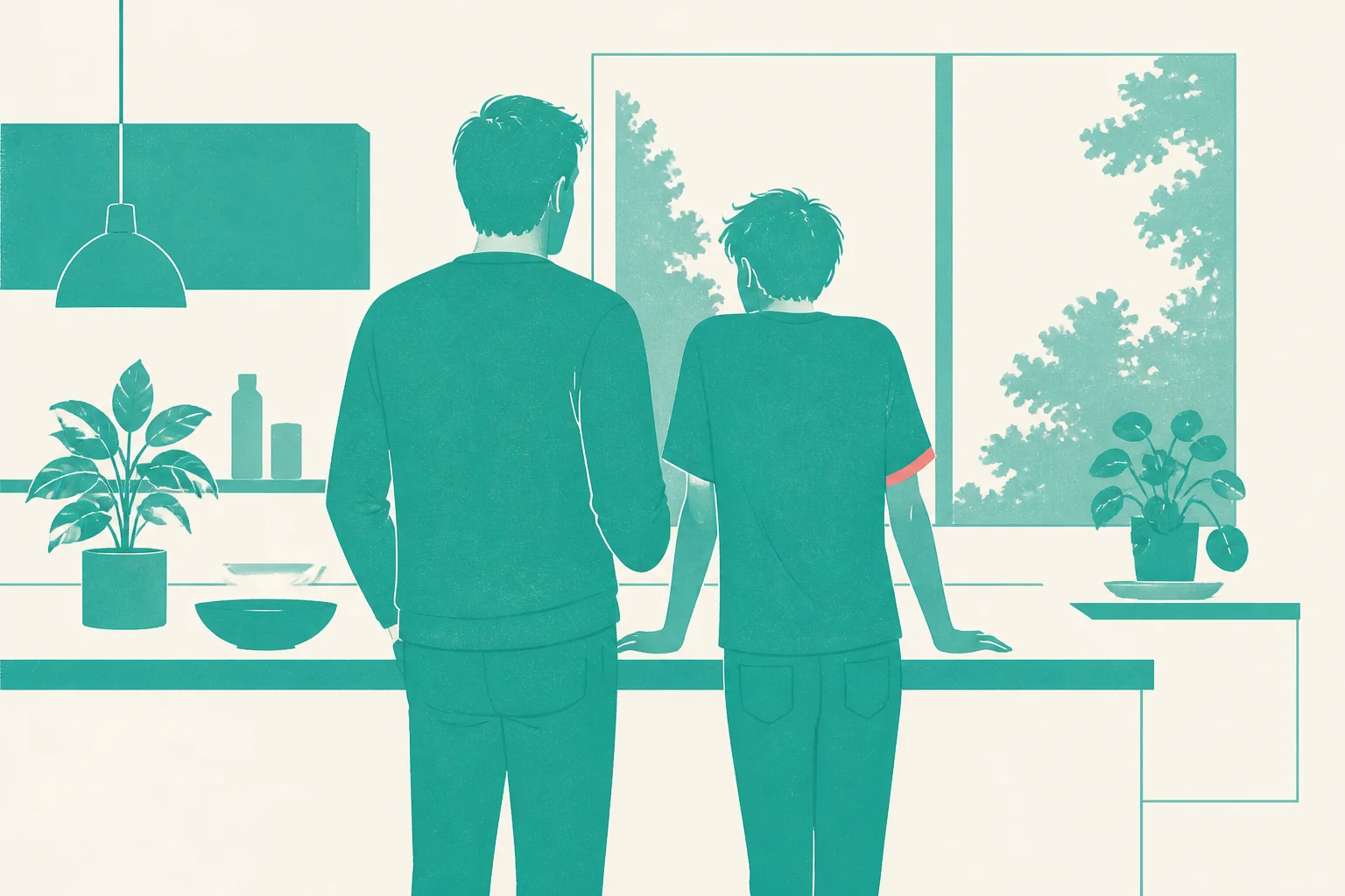 A parent and a teenager stand side by side at the kitchen counter, looking out of the window