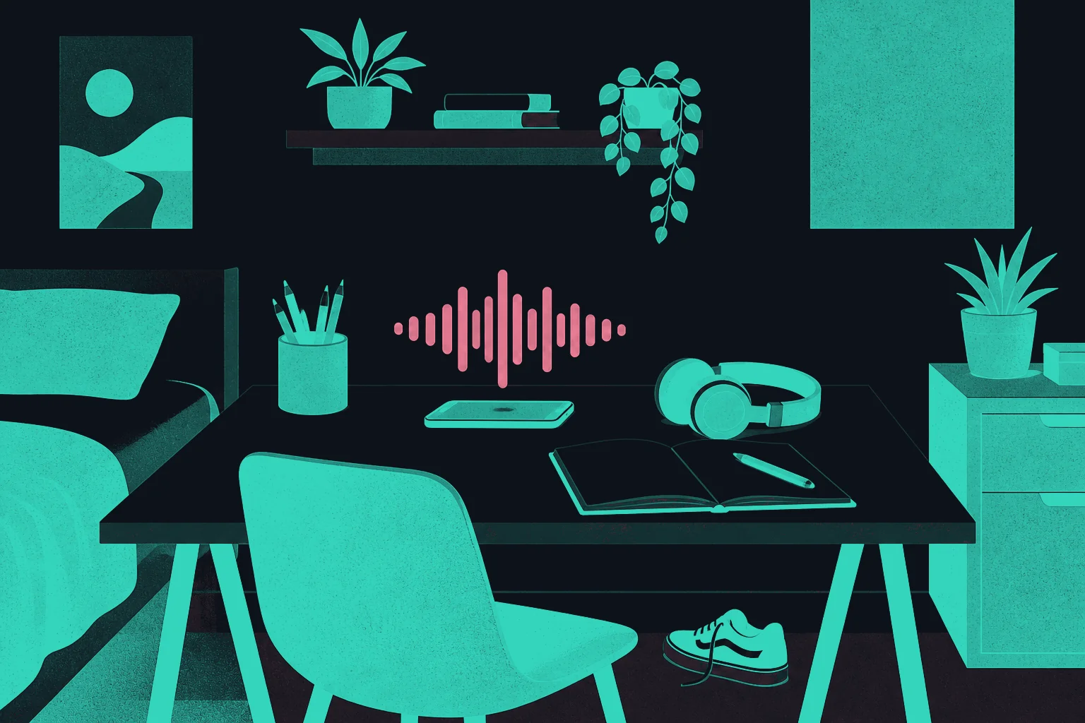 A desk in a teenager’s room: a voice waveform rises above the smartphone, next to headphones and an open notebook