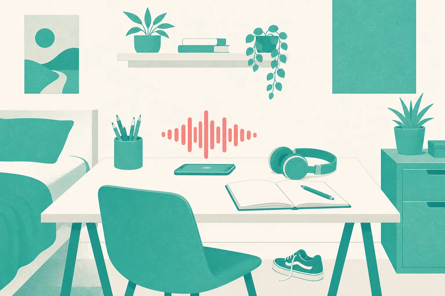 A desk in a teenager’s room: a voice waveform rises above the smartphone, next to headphones and an open notebook