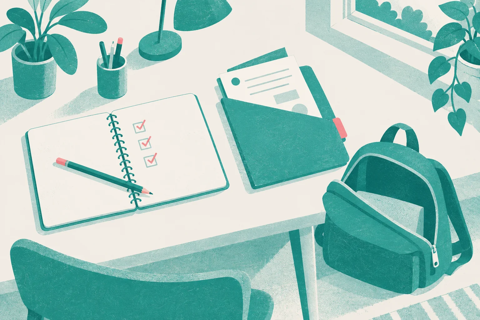 An open homework planner, school folder and backpack: record, complete and pack.