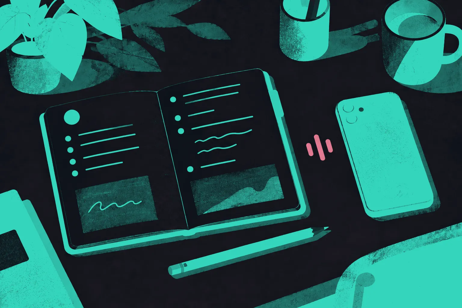 An open homework planner beside a face-down phone, with a small voice symbol between them.
