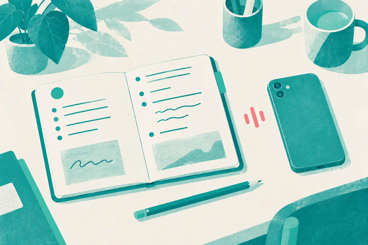An open homework planner beside a face-down phone, with a small voice symbol between them.