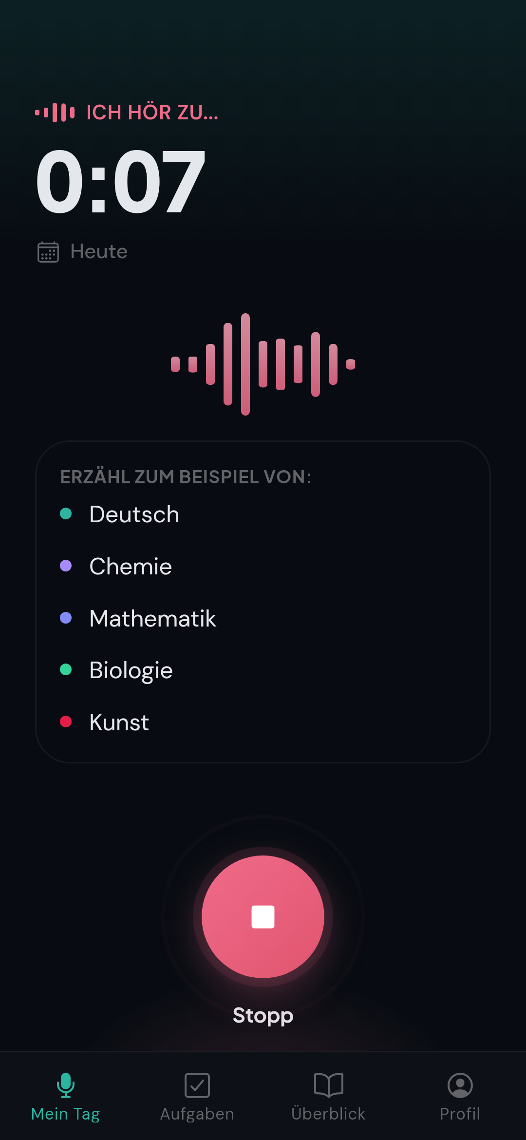Echte memdiz App während einer aktiven Sprachaufnahme