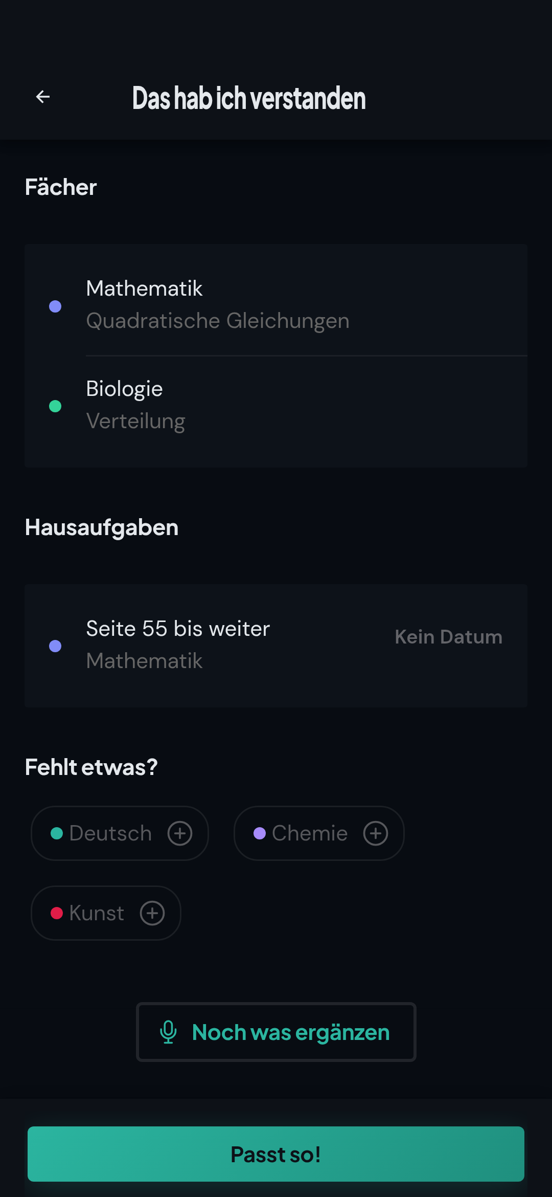 Echte memdiz App: bestätigte Fächer und Hausaufgaben nach einer Sprachaufnahme