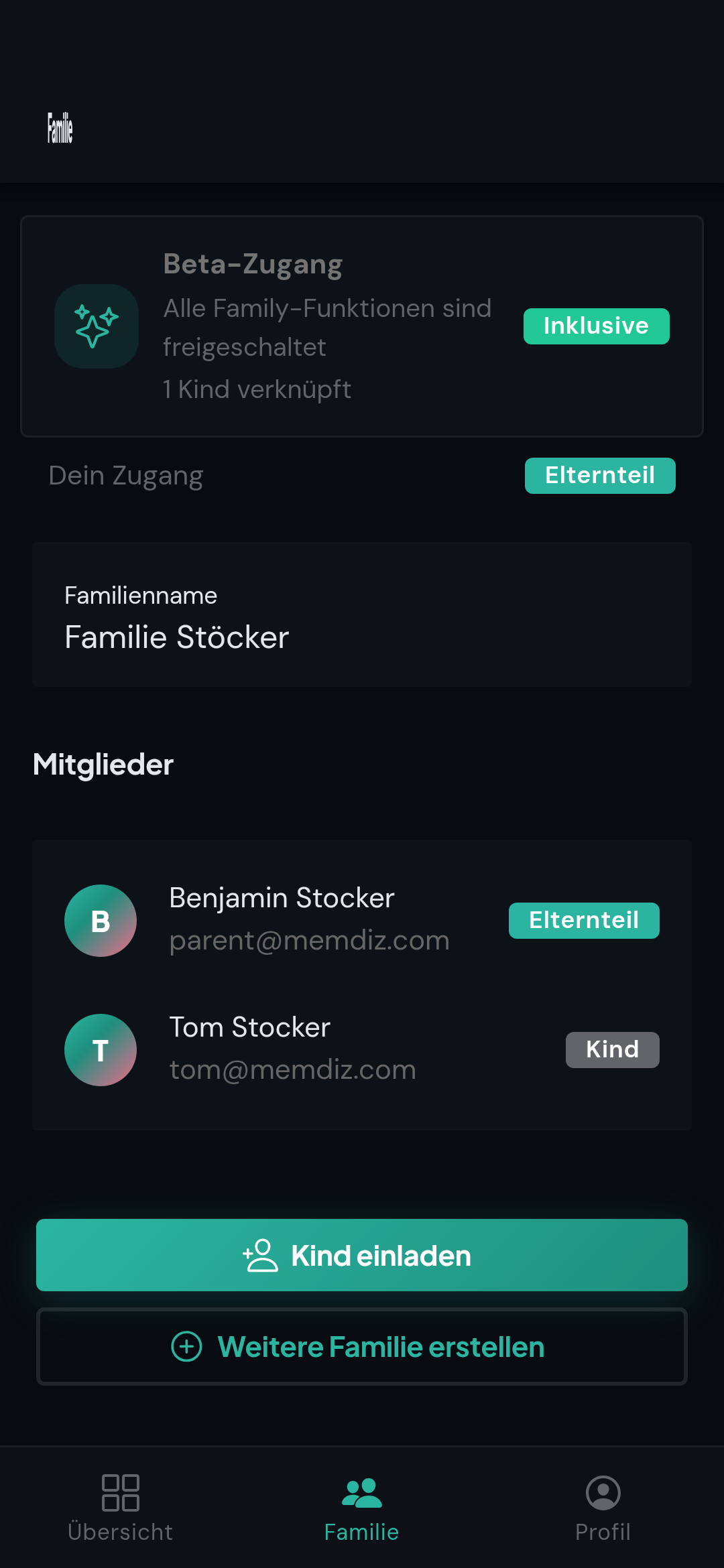 Echte Familienansicht in memdiz mit Elternteil und Kind