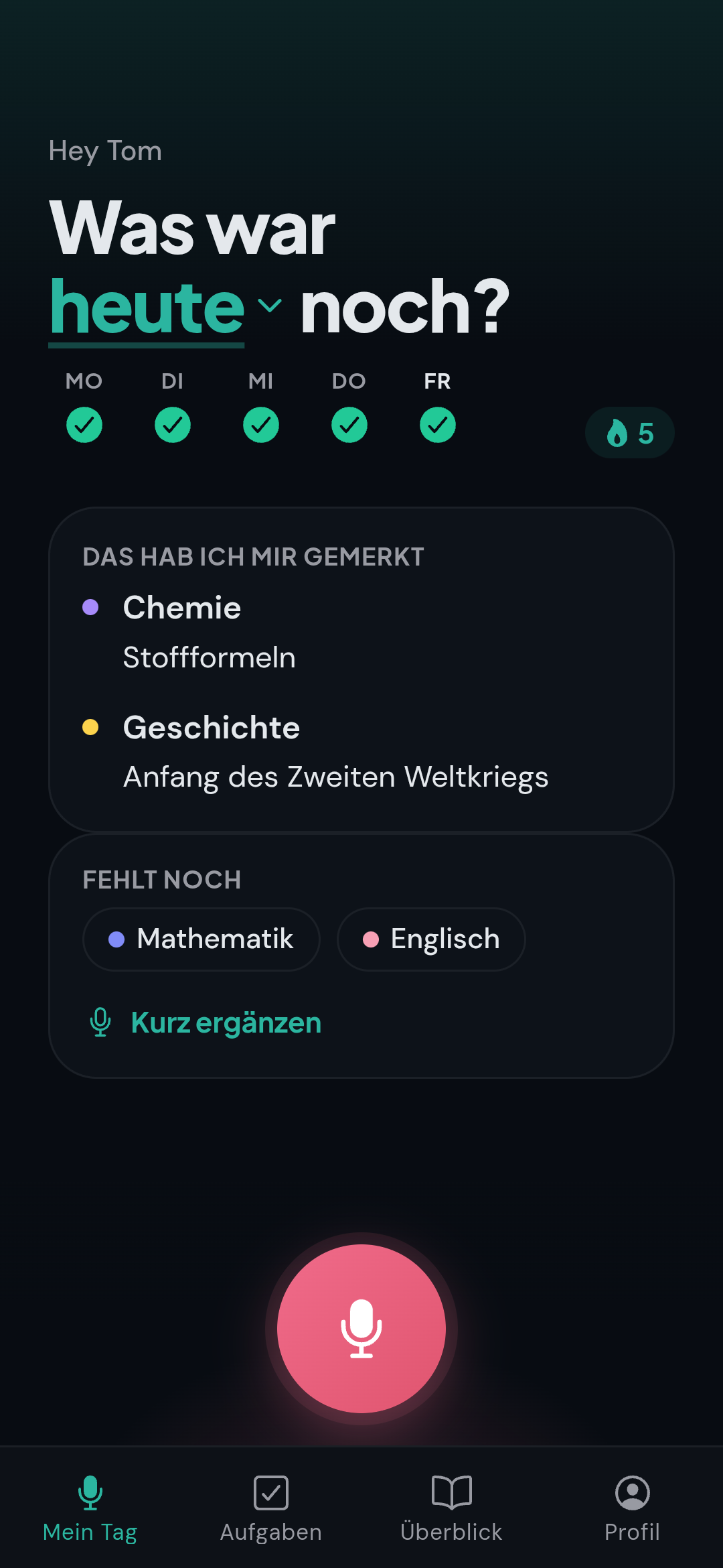 Mein-Tag-Bildschirm der memdiz App