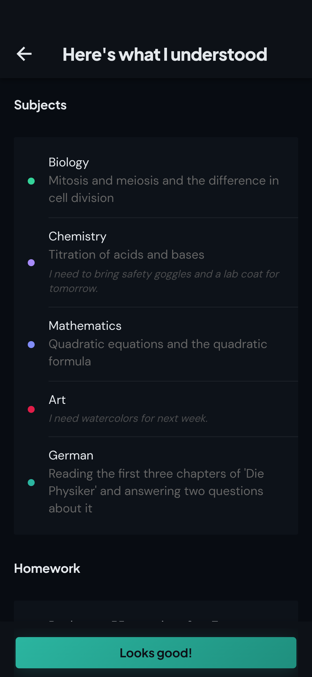 The memdiz app showing subjects and homework after a voice update