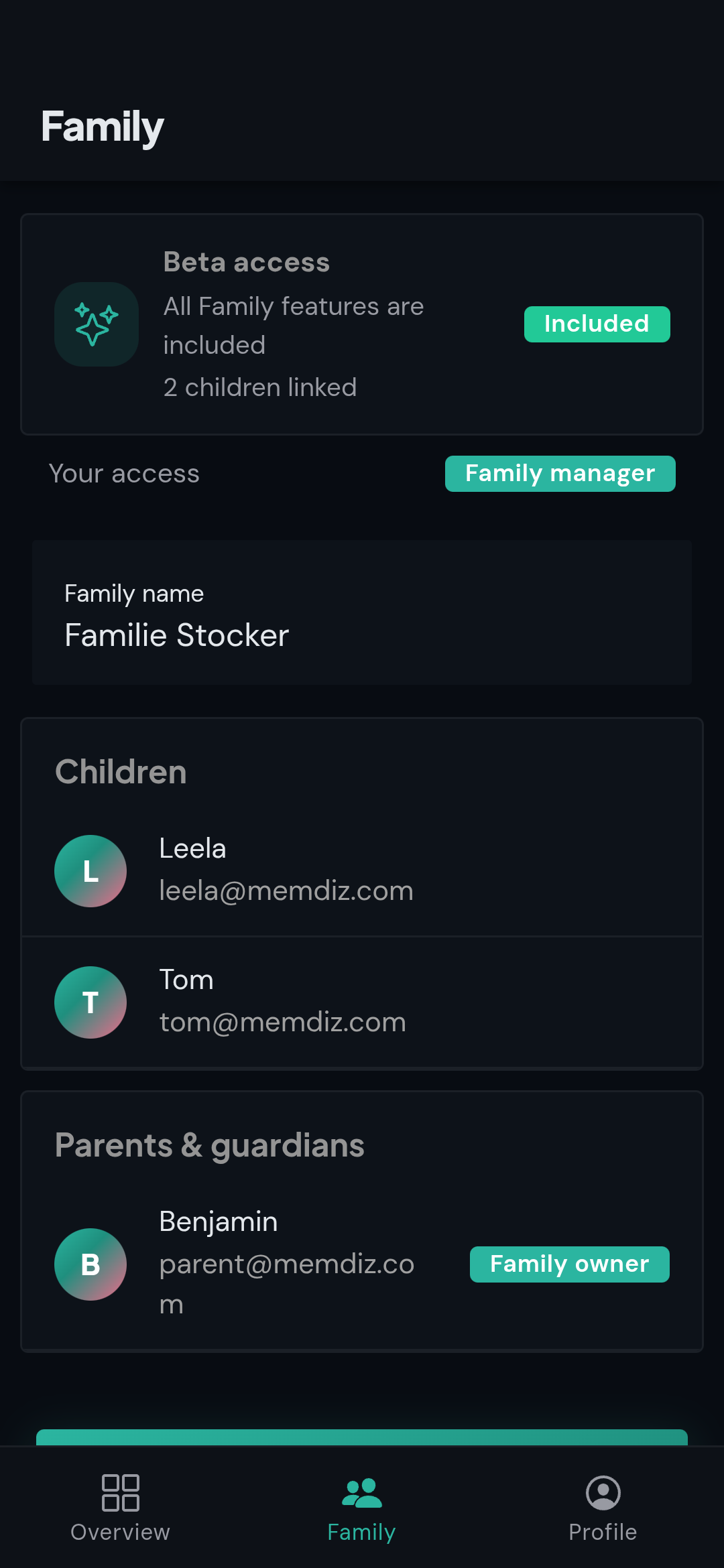 The memdiz family view showing a parent and child