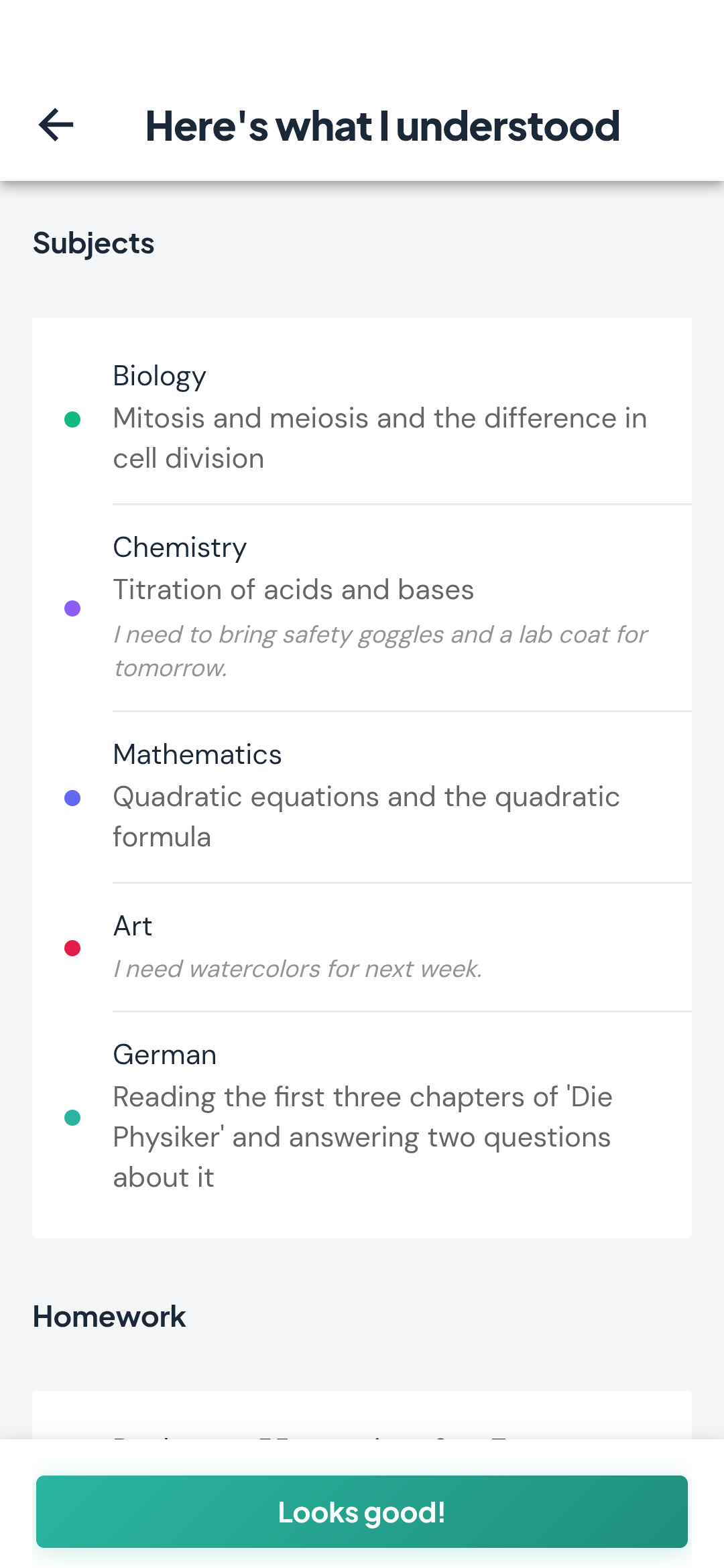 The memdiz app showing subjects and homework after a voice update