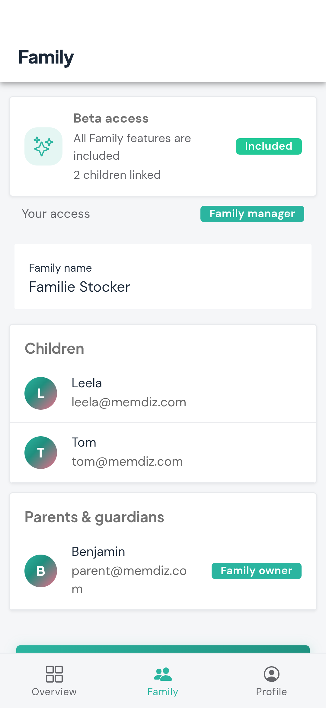 The memdiz family view showing a parent and child